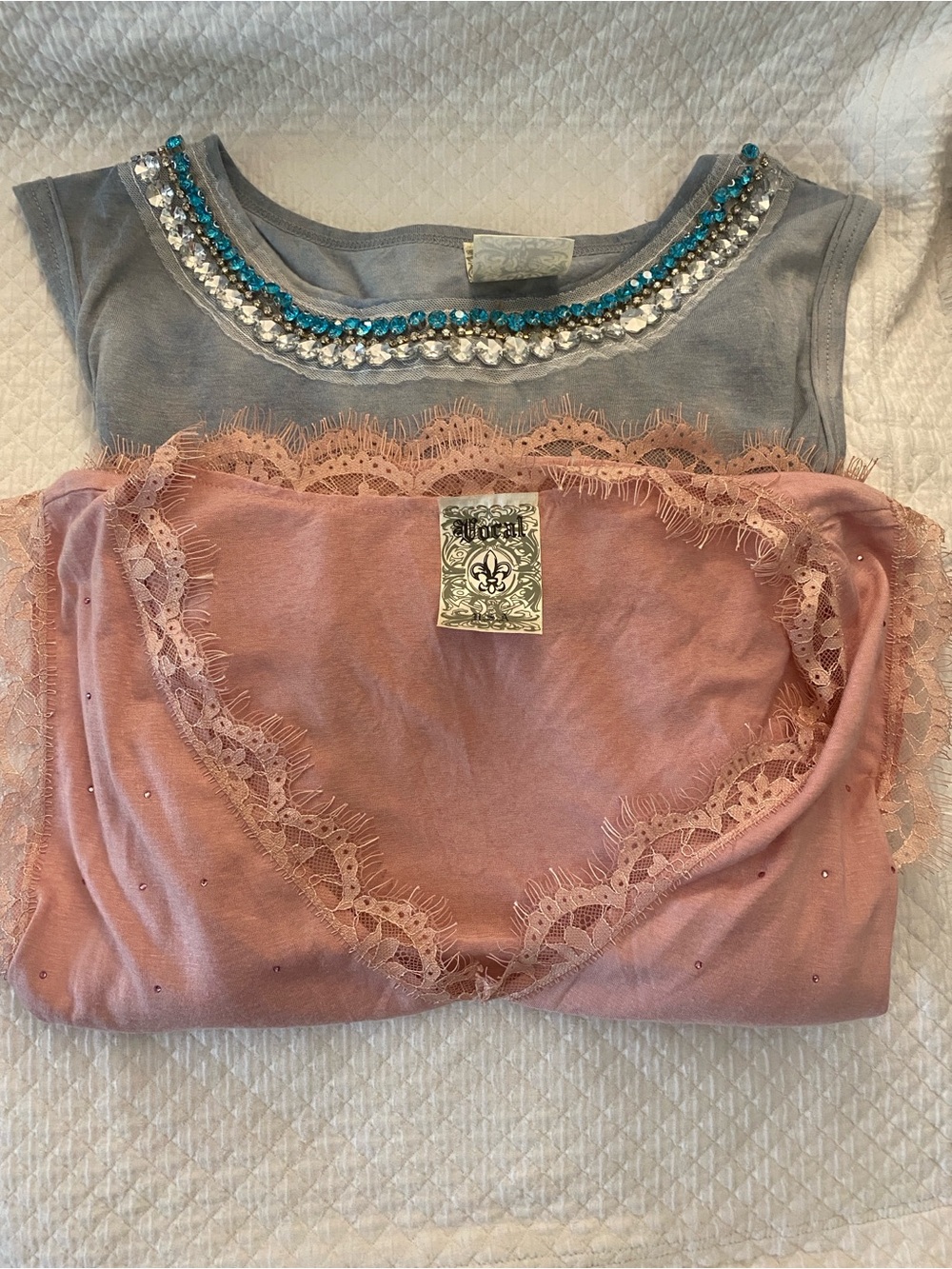 2 VOCAL 1 Pink Lace & 1 Blue/Gray Embellished Tank Tops